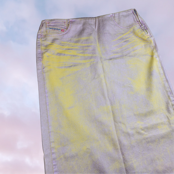 Diesel Pra Bi-Color Laminated Denim Yellow Metallic Gold Midi Slit Skirt 27 - Picture 2 of 6